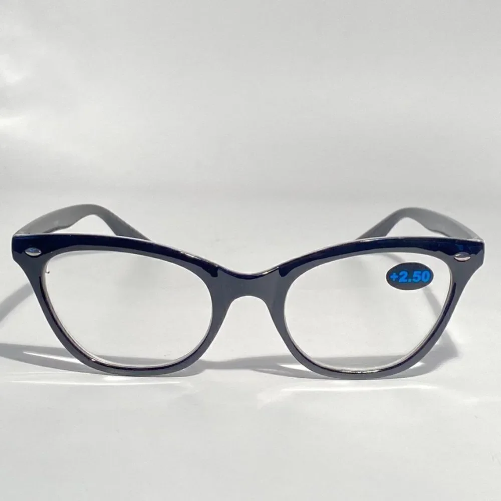 0775 Reading Glasses 2.50 Readers Black Modified Cateye Frames NWT